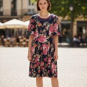 Vintage Act 1 Floral Polka Dot Prairie A-Line Midi Dress